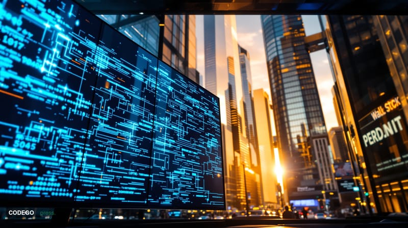 A cinematic editorial photograph capturing the convergence of artificial intelligence and Wall Street finance, shot from a lo