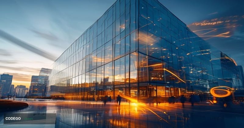 A dramatic photorealistic editorial photograph showcasing the Anthropic corporate headquarters in San Francisco's SOMA distri