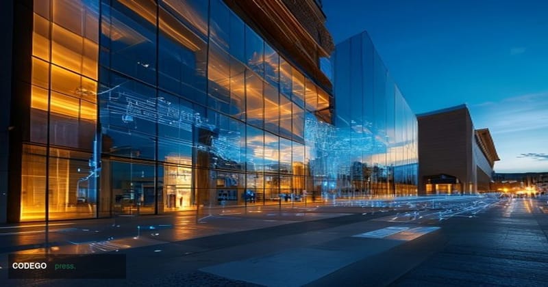 A dramatic wide-angle view of the modern glass-and-steel European Union Agency for Cybersecurity (ENISA) headquarters buildin