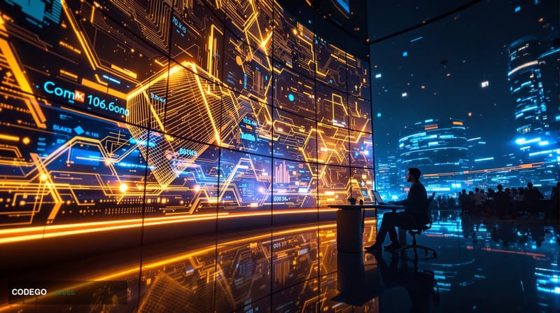 A dramatic cinematic photograph showing a high-tech command center overlooking the neon-lit skyline of Singapore's financial 