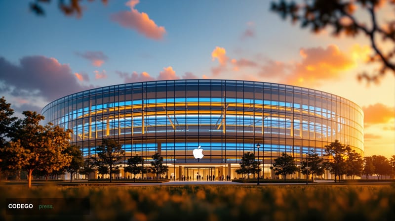 A cinematic editorial photograph showcasing Apple's Cupertino headquarters campus with its iconic circular Apple Park buildin