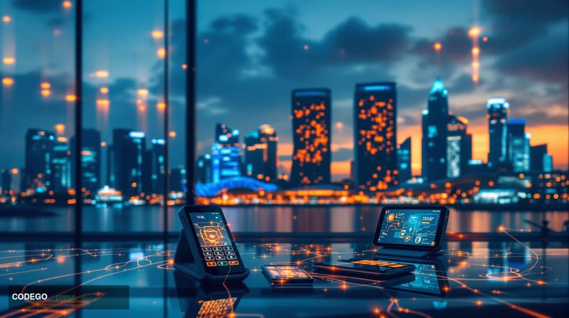 Cinematic editorial photograph showcasing Asia-Pacific's payments transformation through a dramatic aerial view of Singapore'