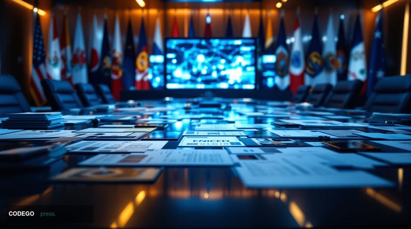 A dramatic cinematic photograph of an international law enforcement operation briefing room, with multiple flags representing