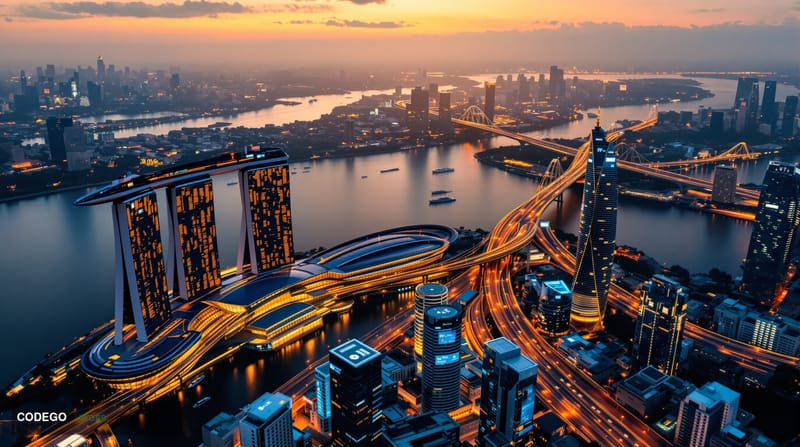 A photorealistic editorial photograph capturing the Singapore-Malaysia cross-border payments story through an overhead view o