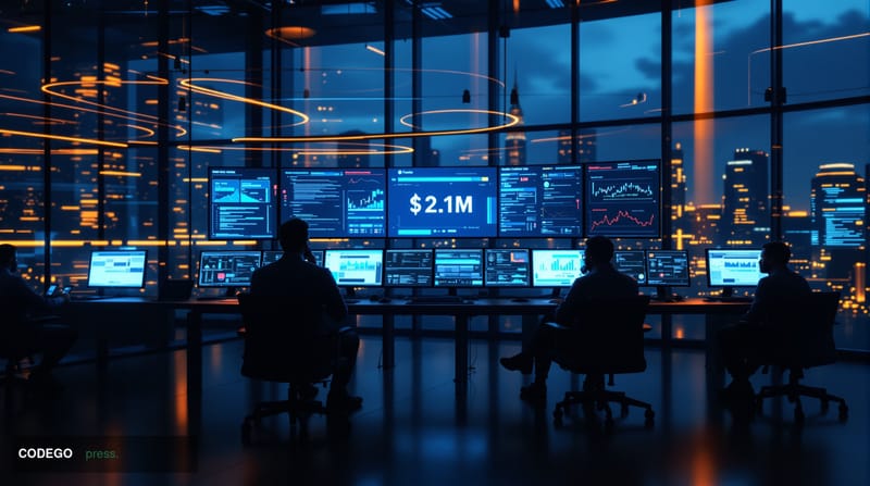 A dramatic photorealistic editorial photograph showing a high-tech cybersecurity investigation scene with multiple computer s