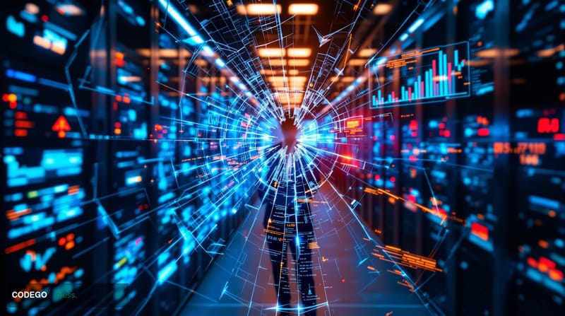 # Image Prompt:

A cinematic overhead shot of a computer server room with multiple glowing server towers and network cables, 