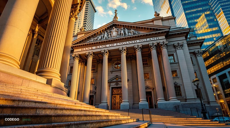 A cinematic editorial photograph capturing the imposing neoclassical facade of the Bank of England's headquarters on Threadne