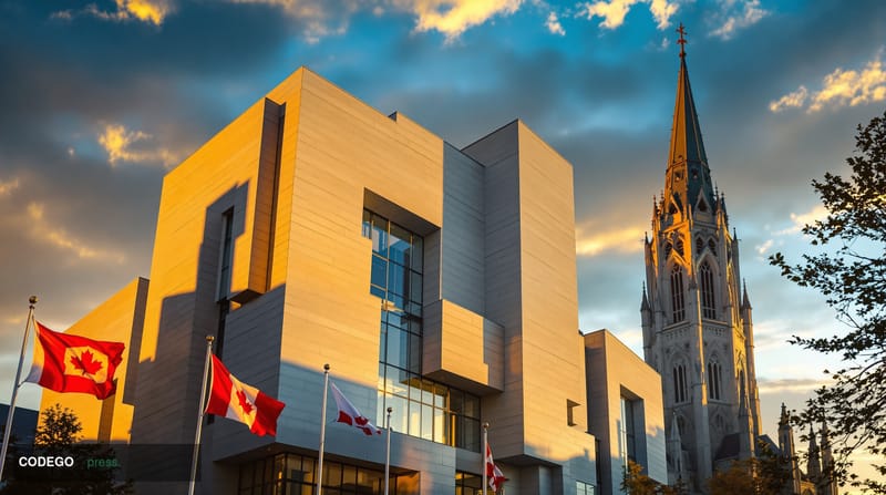 A cinematic editorial photograph of the Bank of Canada headquarters building in Ottawa during late afternoon, shot from a low