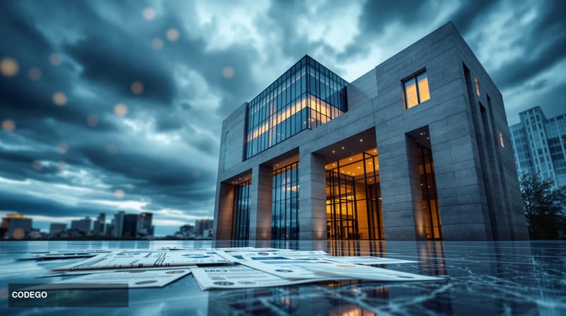 Photorealistic editorial photograph of the Bank of Canada headquarters in Ottawa, with the distinctive modernist concrete and