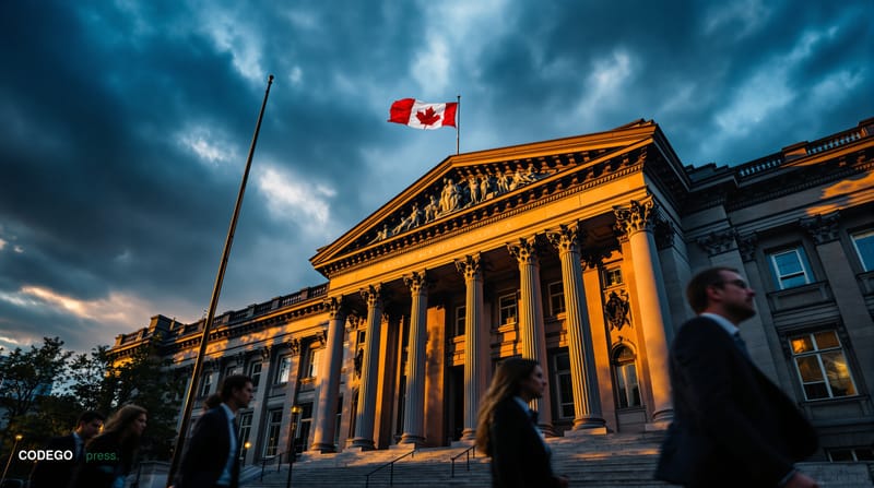 A striking photorealistic editorial photograph of the Bank of Canada's neoclassical headquarters building in Ottawa, captured