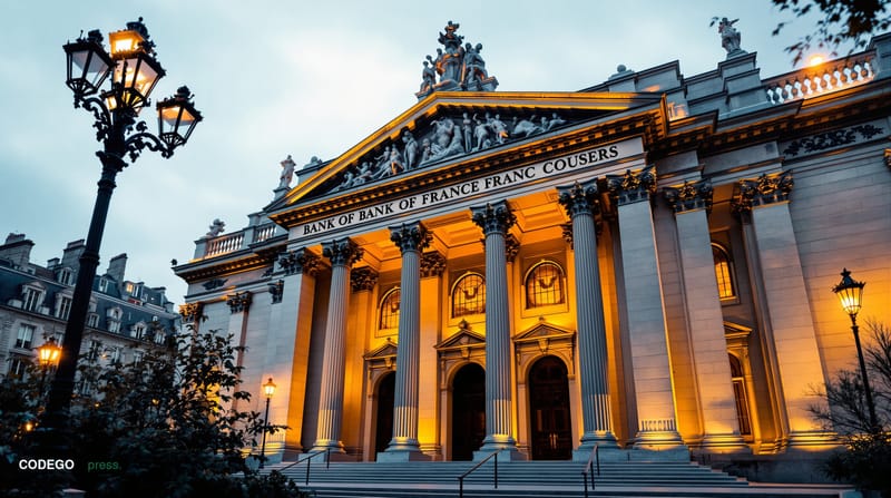 A cinematic editorial photograph capturing the imposing neoclassical facade of the <a href="https://www.banque-france.fr" tar