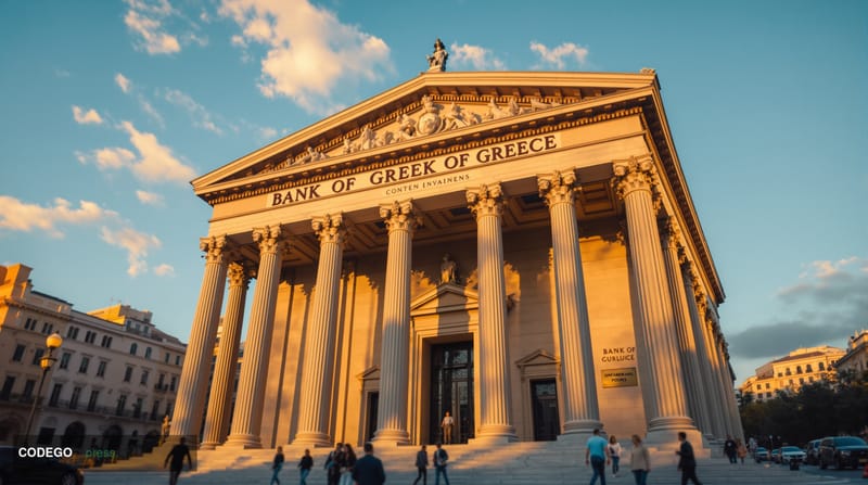A cinematic editorial photograph capturing the elegant neoclassical facade of the Bank of Greece headquarters in Athens, shot