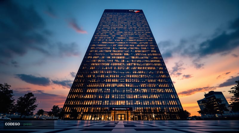 A cinematic editorial photograph showcasing Bank of America's Charlotte headquarters tower rising majestically against a twil