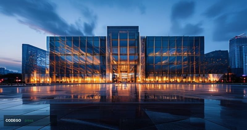 A cinematic editorial photograph of the People's Bank of China headquarters building in Beijing, captured during golden hour 