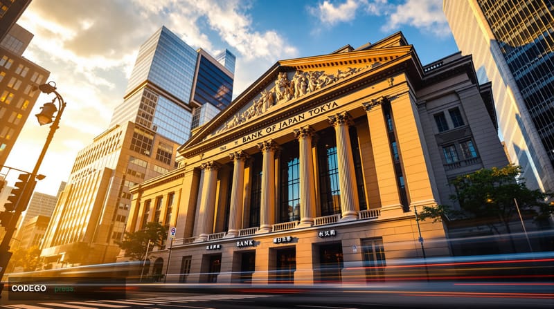 A dramatic editorial photograph of the Bank of Japan's imposing neoclassical headquarters in Tokyo's Nihonbashi district, cap