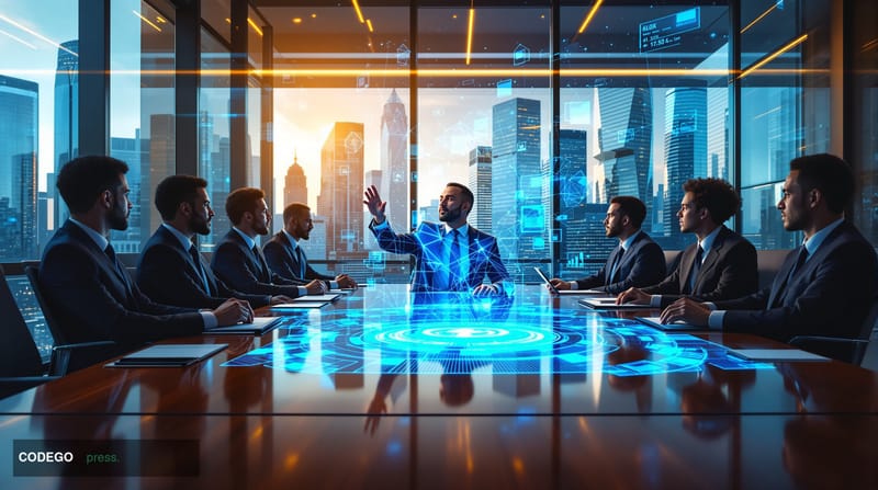A striking corporate boardroom scene showing a diverse group of banking executives in expensive suits seated around a polishe