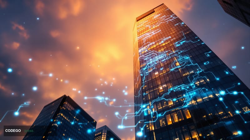 A cinematic editorial photograph capturing the intersection of artificial intelligence and traditional banking architecture. 