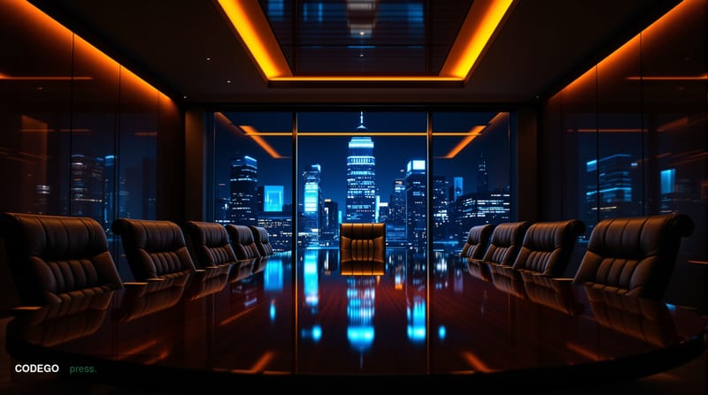 A cinematic editorial photograph showing a modern bank boardroom with dramatic chiaroscuro lighting, featuring an executive c
