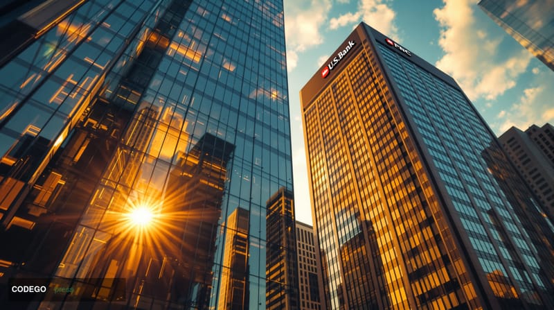A cinematic editorial photograph capturing the imposing glass and steel facades of major bank headquarters in a metropolitan 