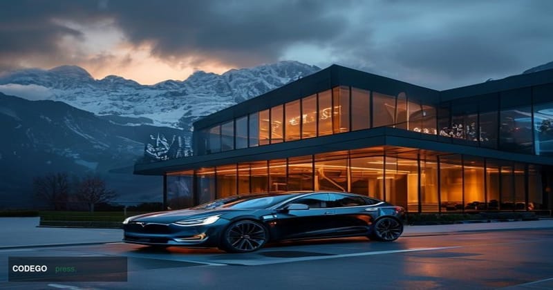 A cinematic editorial photograph showing the Ethereum Foundation's headquarters in Zug, Switzerland, captured during golden h