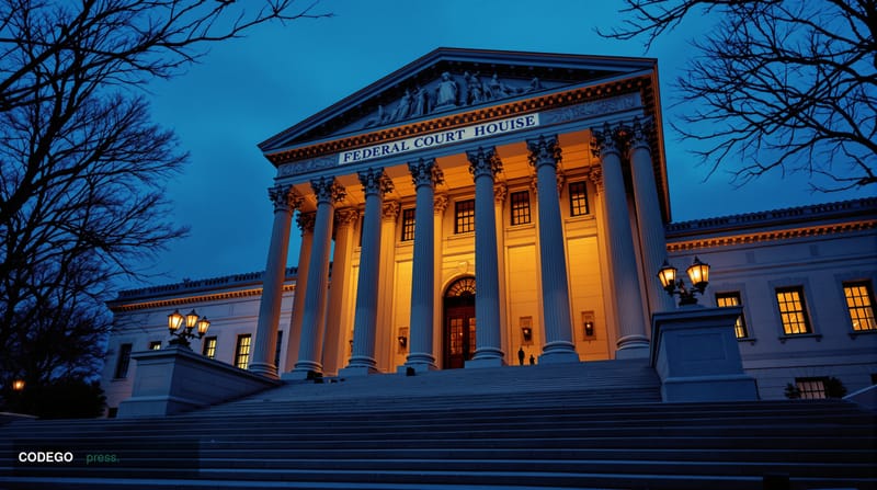 A dramatic photorealistic editorial photograph showing the exterior of a federal courthouse at dusk, with imposing neoclassic