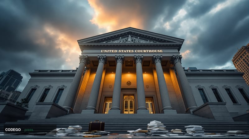 A dramatic photorealistic editorial photograph of the imposing federal courthouse steps in Manhattan, New York, where Sam Ban
