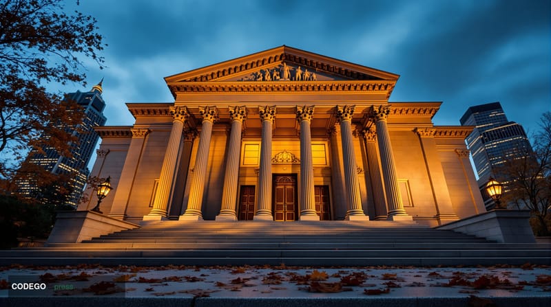A cinematic editorial photograph of the imposing neoclassical facade of the United States Court of Appeals building in Manhat