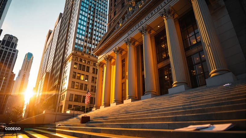 A dramatic cinematic photograph showing the imposing facade of the Thurgood Marshall United States Courthouse in Manhattan, h