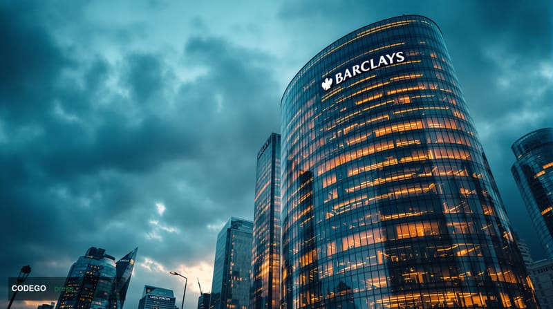 A dramatic cinematic photograph of Barclays' iconic Canary Wharf headquarters in London's financial district, shot from a low