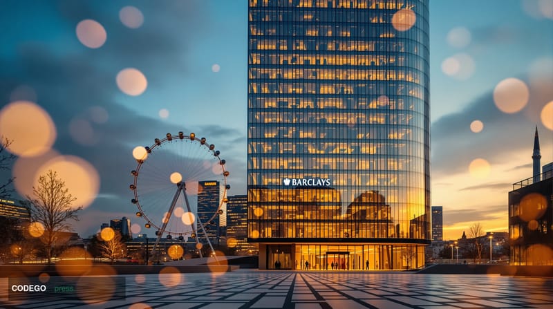 A cinematic editorial photograph capturing the sleek glass facade of Barclays' headquarters in London's Canary Wharf financia