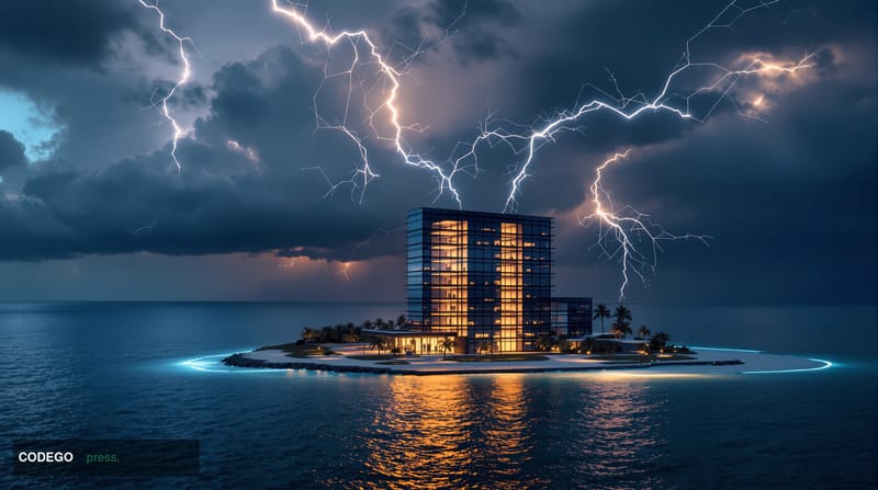 A dramatic editorial photograph showing a modern glass office building at night with glowing windows, representing offshore f