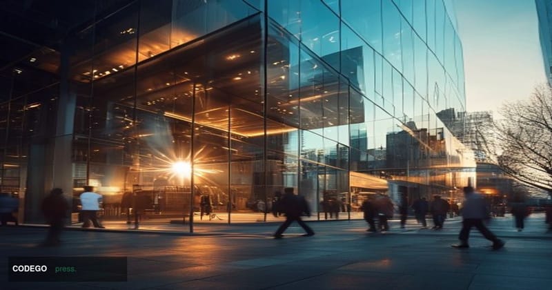 A cinematic editorial photograph capturing Binance's headquarters or recognizable office building exterior with modern glass 