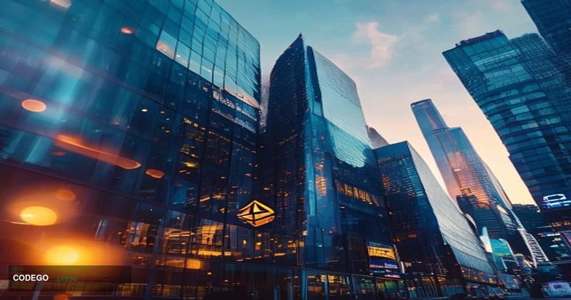 A cinematic editorial photograph capturing the Binance headquarters building in an Asian financial district, with the distinc