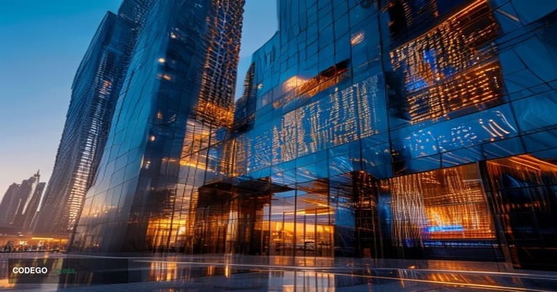 A cinematic editorial photograph of Binance's modern headquarters building in Dubai, shot from a low angle during golden hour