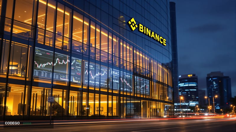 A striking photorealistic editorial photograph showcasing Binance's global headquarters in Dubai or Malta, captured with dram