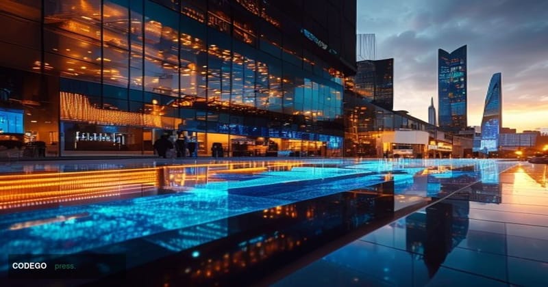 A photorealistic editorial photograph capturing Binance's global expansion into US stock trading. The scene shows the iconic 
