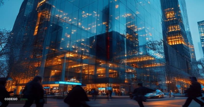A dramatic wide-angle view of Binance's modern corporate headquarters exterior in a major financial district, shot during gol