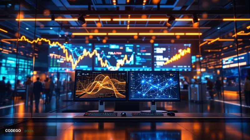 A cinematic editorial photograph showcasing the tension between traditional cryptocurrency and emerging AI investments. The s