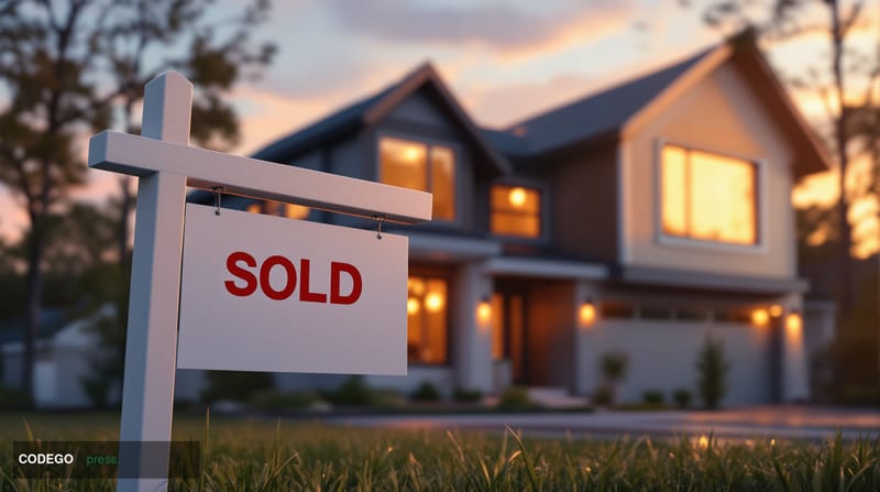 A photorealistic editorial photograph showing the exterior of a modern suburban home in Michigan during golden hour, with dra