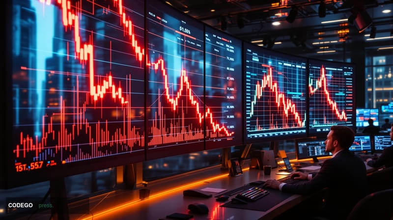 A dramatic photorealistic editorial photograph showing a massive digital trading floor with multiple large screens displaying