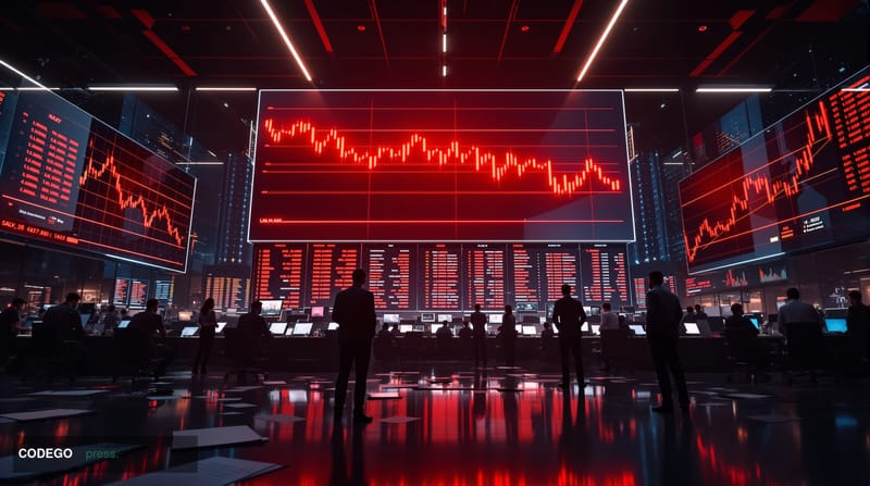 A dramatic editorial photograph showing a massive digital trading floor with multiple screens displaying Bitcoin price charts