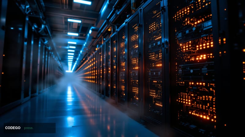 A cinematic editorial photograph of a massive Bitcoin mining facility during twilight hours, showing rows of ASIC mining rigs