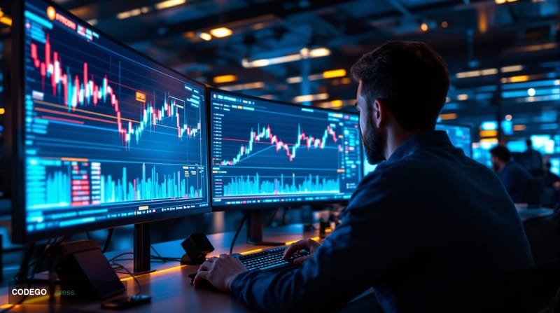 A dramatic photorealistic editorial photograph showing a sleek modern cryptocurrency trading floor or financial analysis cent
