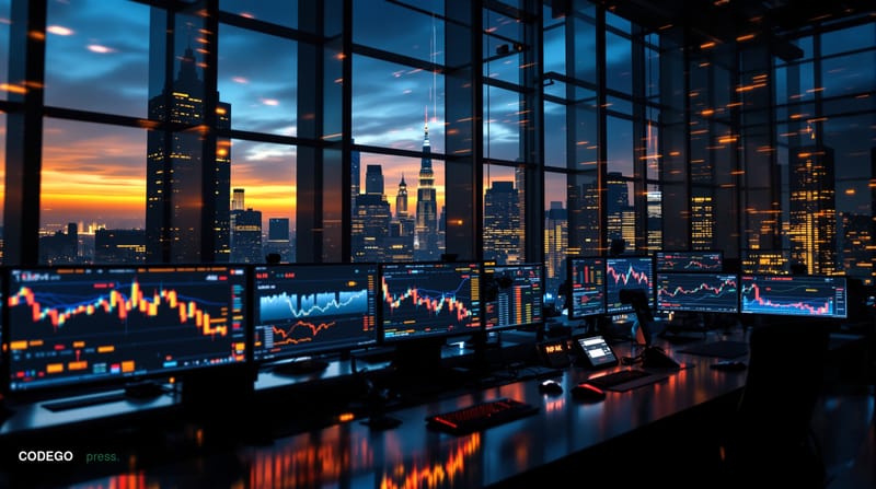A dramatic photorealistic editorial photograph capturing the bitcoin market decline through a sophisticated trading floor env