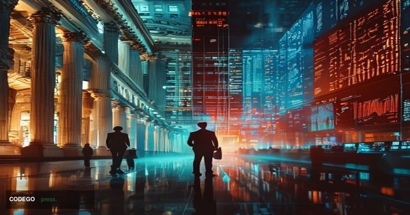 A cinematic editorial photograph capturing the dramatic divergence between traditional and digital finance markets. The scene
