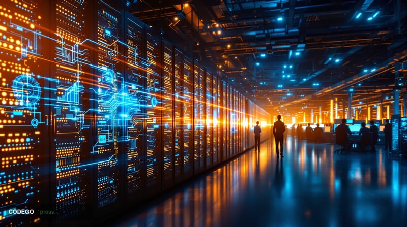 A cinematic editorial photograph showing a dramatic close-up of a massive cryptocurrency mining farm or trading floor with ro