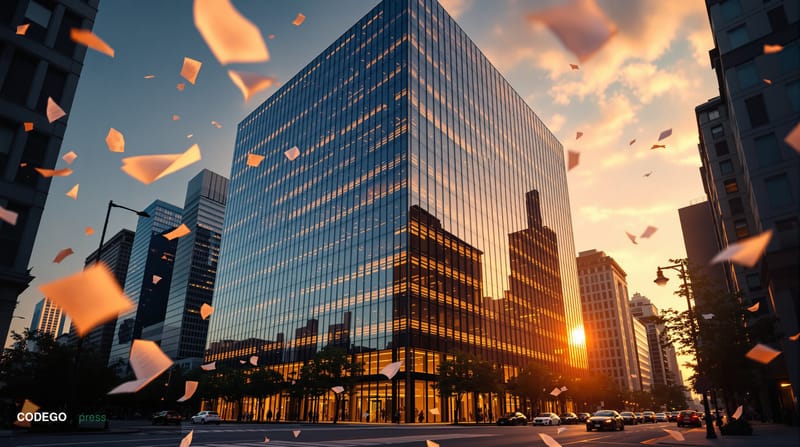 A dramatic photorealistic editorial photograph showing the iconic Bitwise Asset Management headquarters in San Francisco's fi