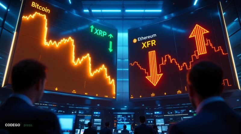 A dramatic financial trading floor scene captured in cinematic editorial style, featuring multiple large digital displays sho