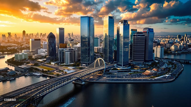 A dramatic wide-angle photograph of Buenos Aires' financial district, featuring the distinctive modern glass towers of Puerto