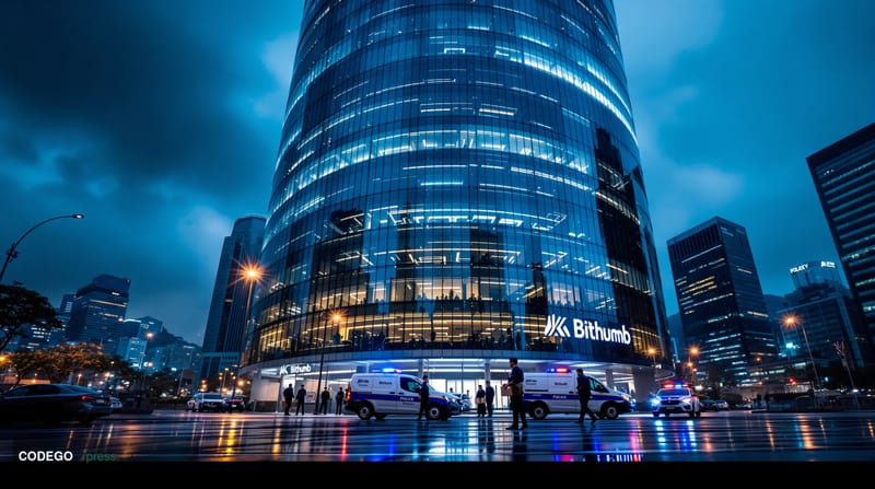 A dramatic editorial photograph capturing the exterior of Bithumb's modern glass headquarters building in Seoul's Gangnam dis